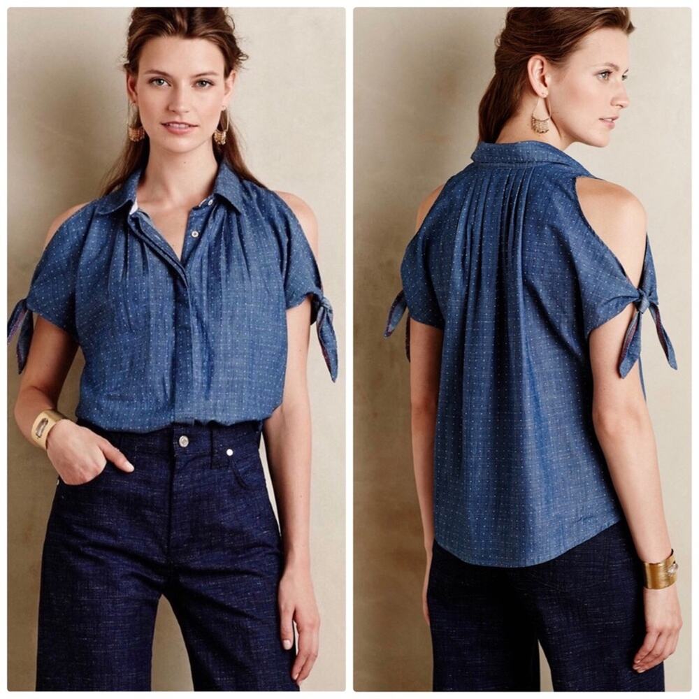 Anthropologie‎ Women's Holding Horses Split Sleeve Chambray Blue Top NEW